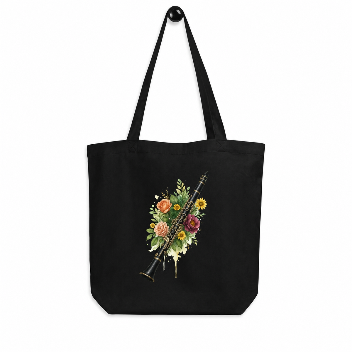 Floral Harmony Clarinet Eco Tote Bag black mockup with corrected clarinet