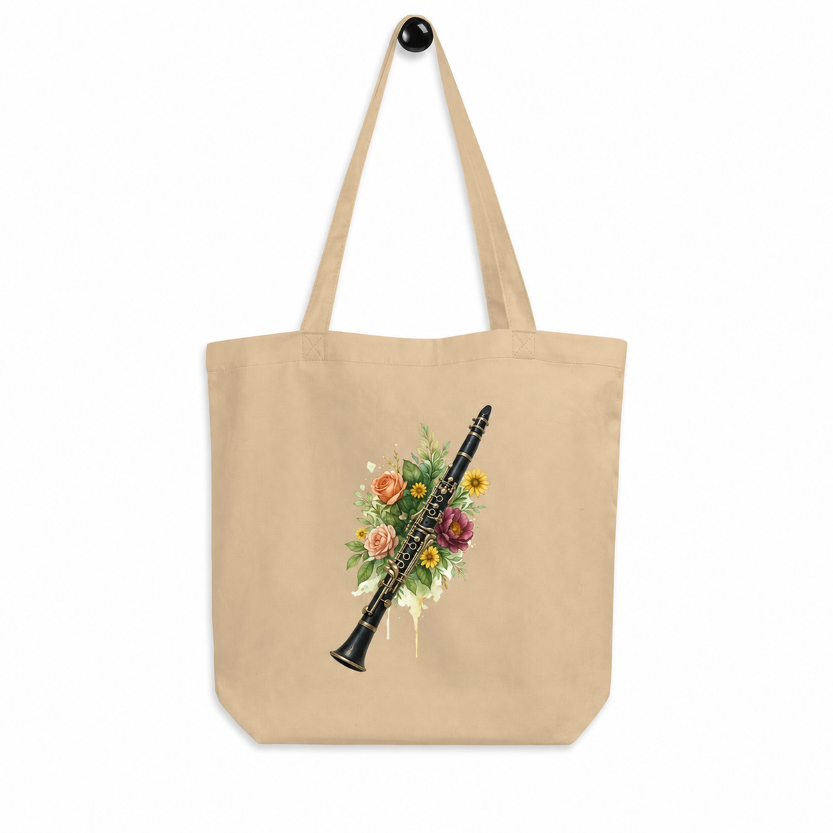 Floral Harmony Clarinet Eco Tote Bag oyster mockup with corrected clarinet