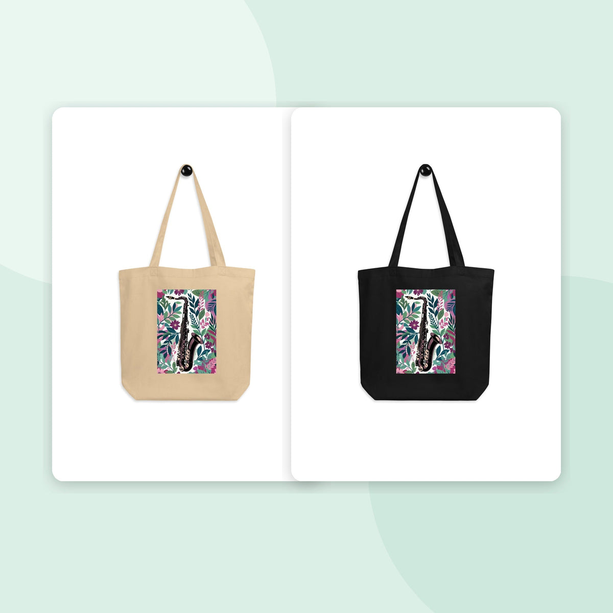 Floral Saxophone Symphony - Eco Tote Bag colourway duo mockup