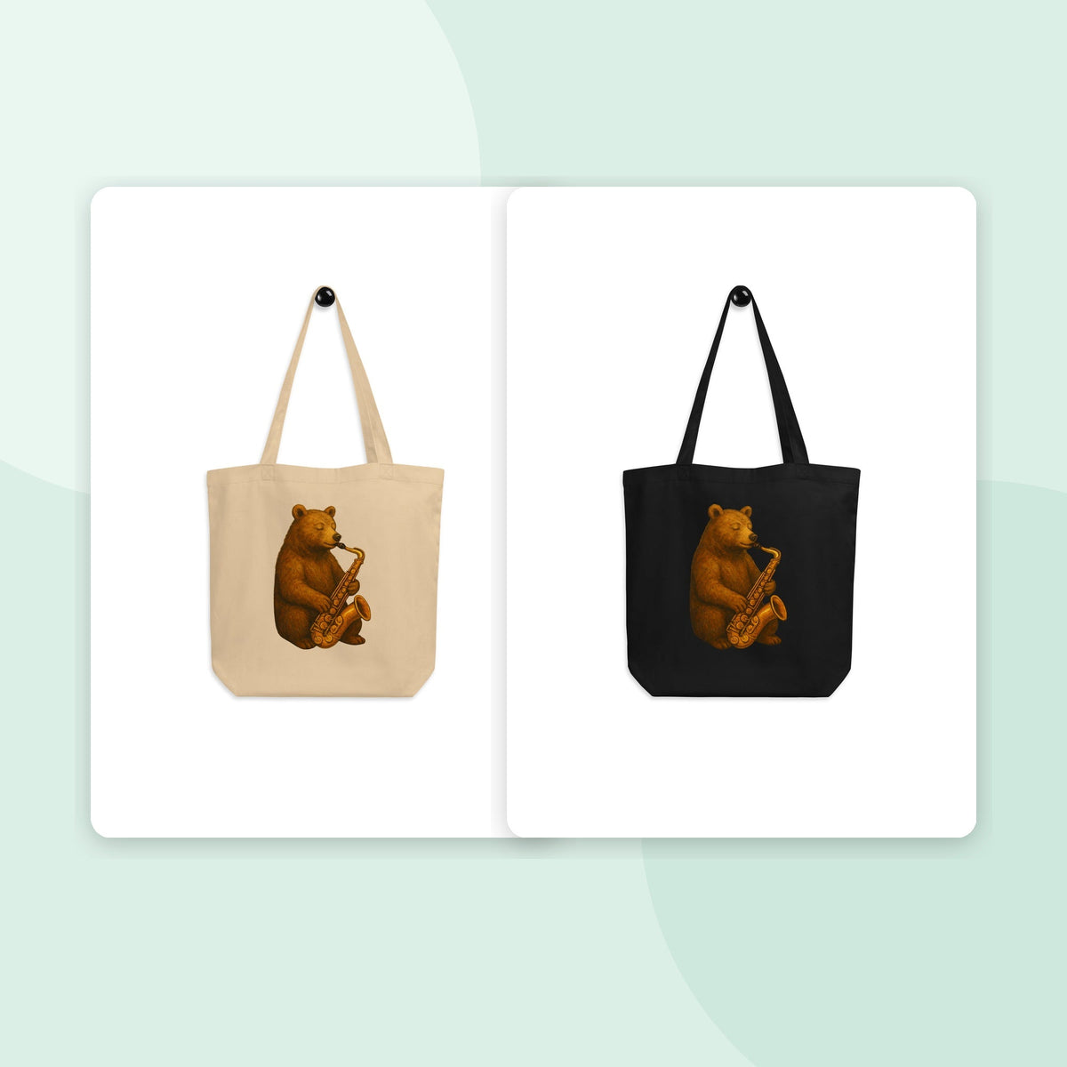 Groovy Bear Sax - Eco Tote Bag colourway duo mockup