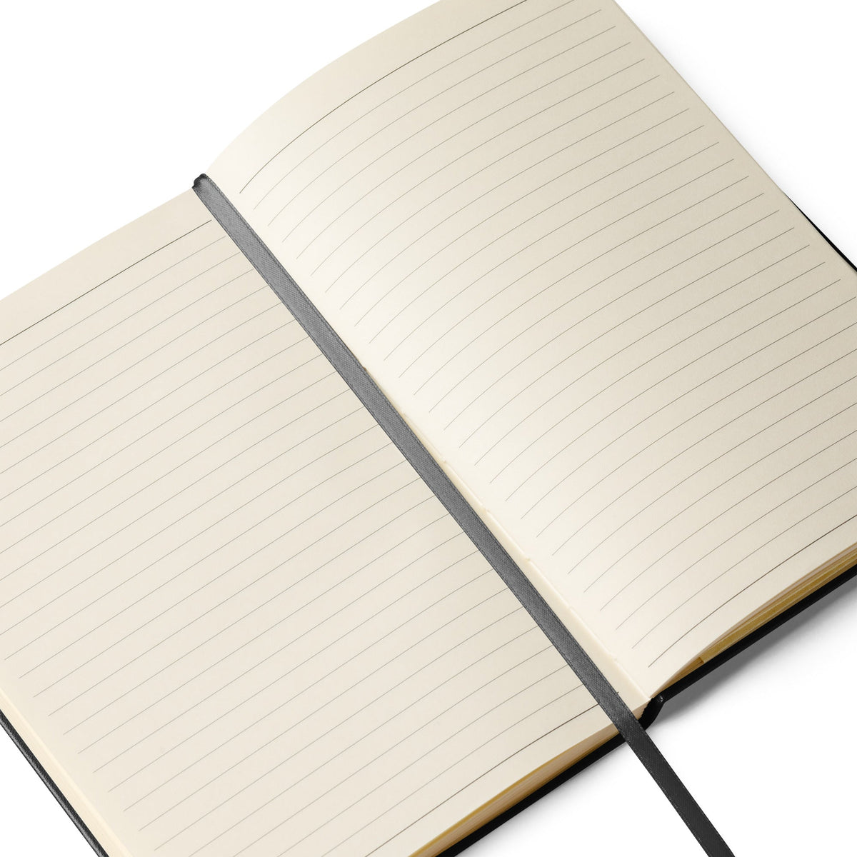 Black hardcover notebook open lined pages