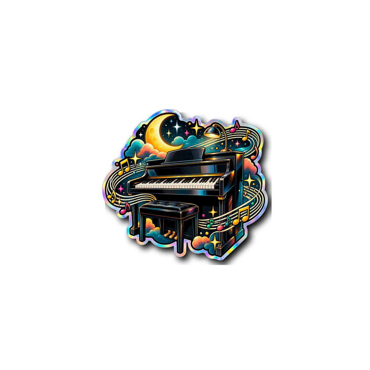Moonlit Piano Groove Holographic Sticker 3x3 on plain white background