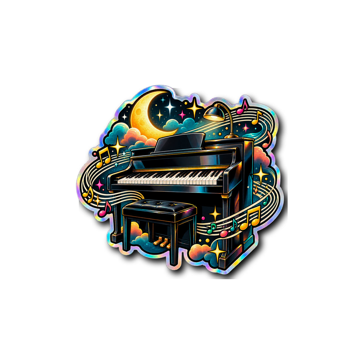 Moonlit Piano Groove Holographic Sticker 4x4 on plain white background