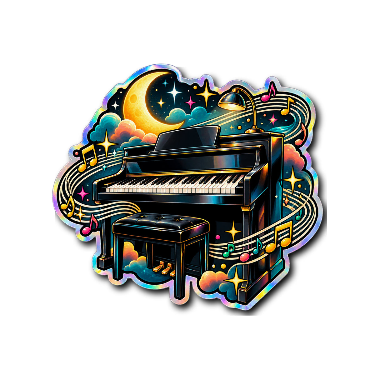 Moonlit Piano Groove Holographic Sticker on plain white background