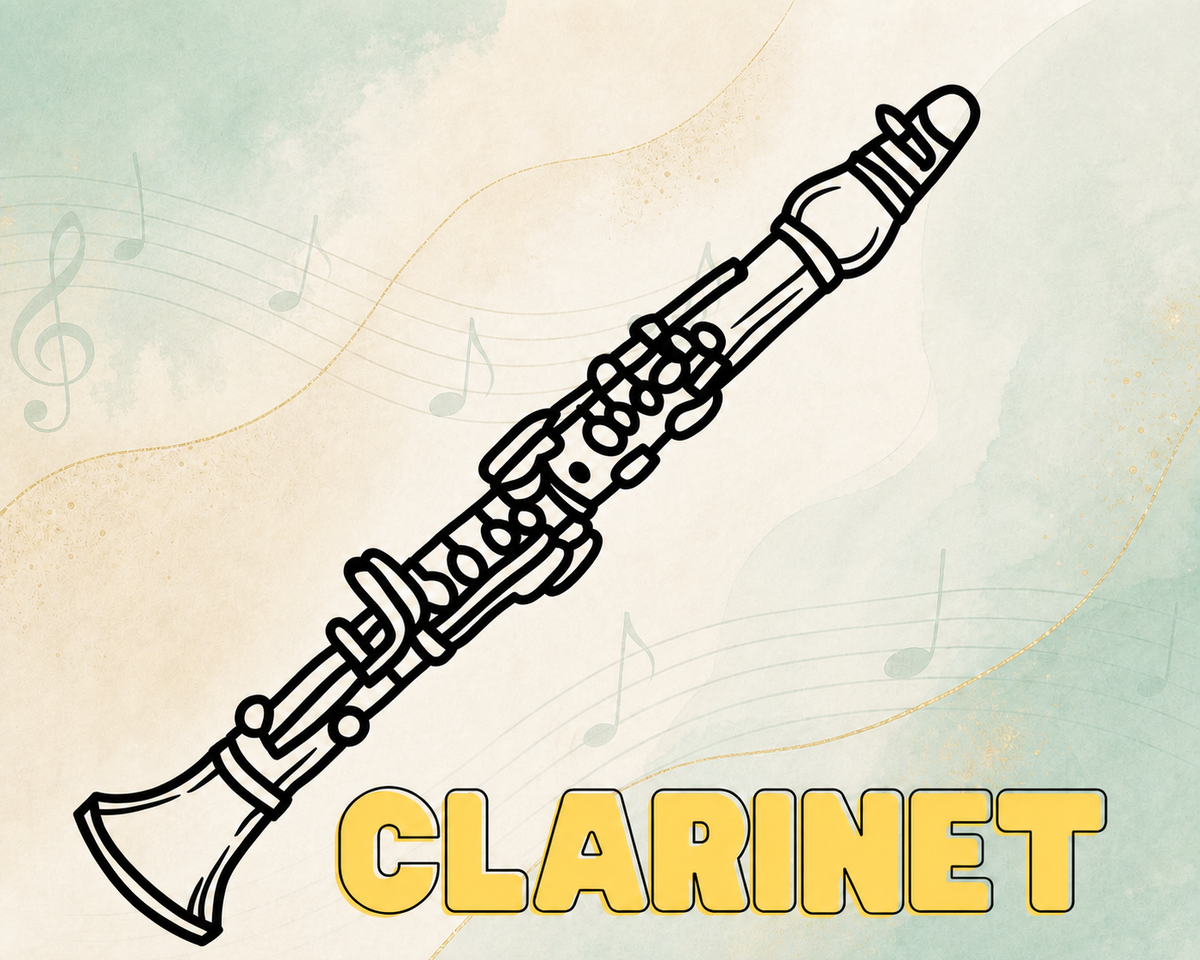 Clarinet lessons artwork with yellow Muso Studio heading