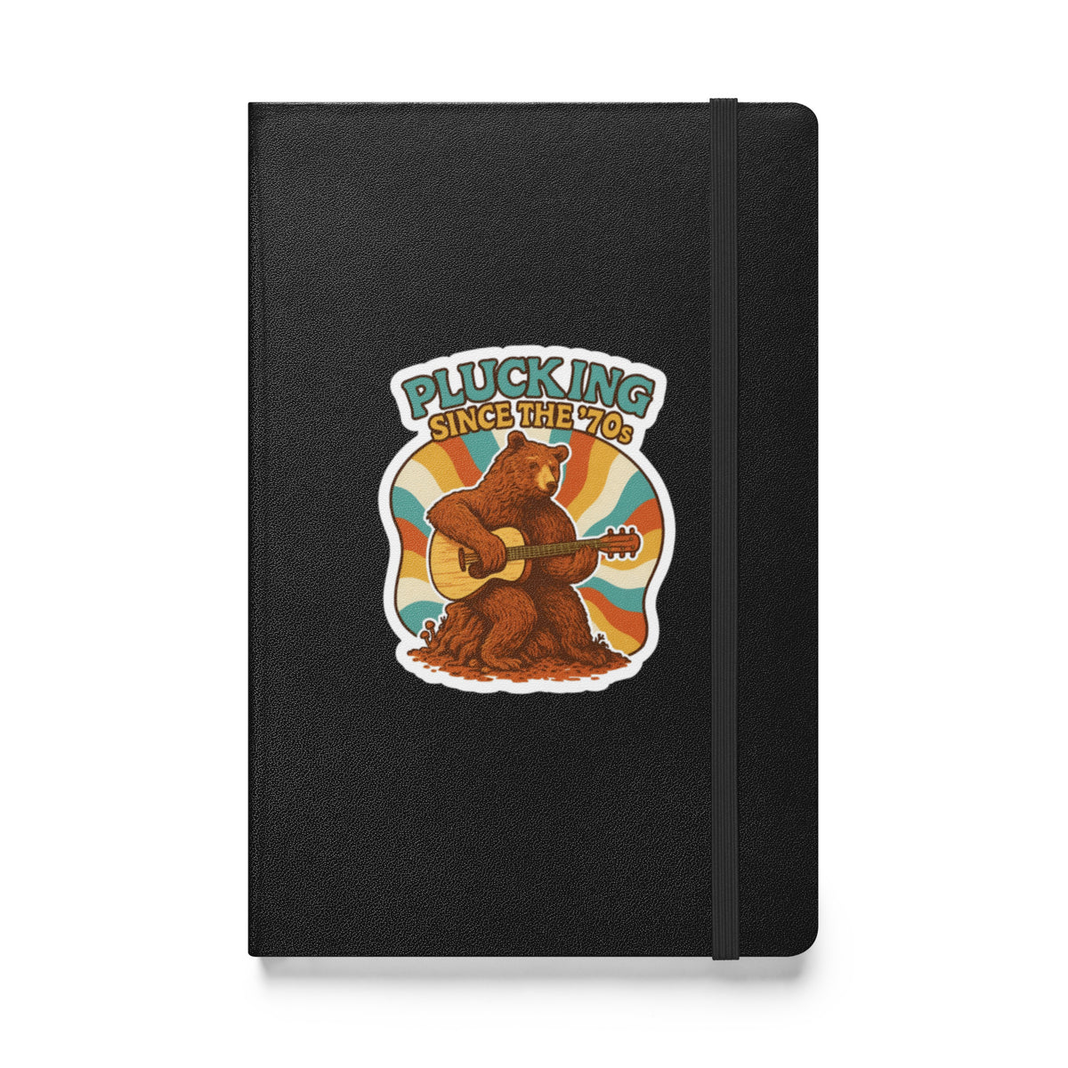 Plucking Since the 70s Retro Bear Guitar Hardcover Notebook - Black front cover mockup