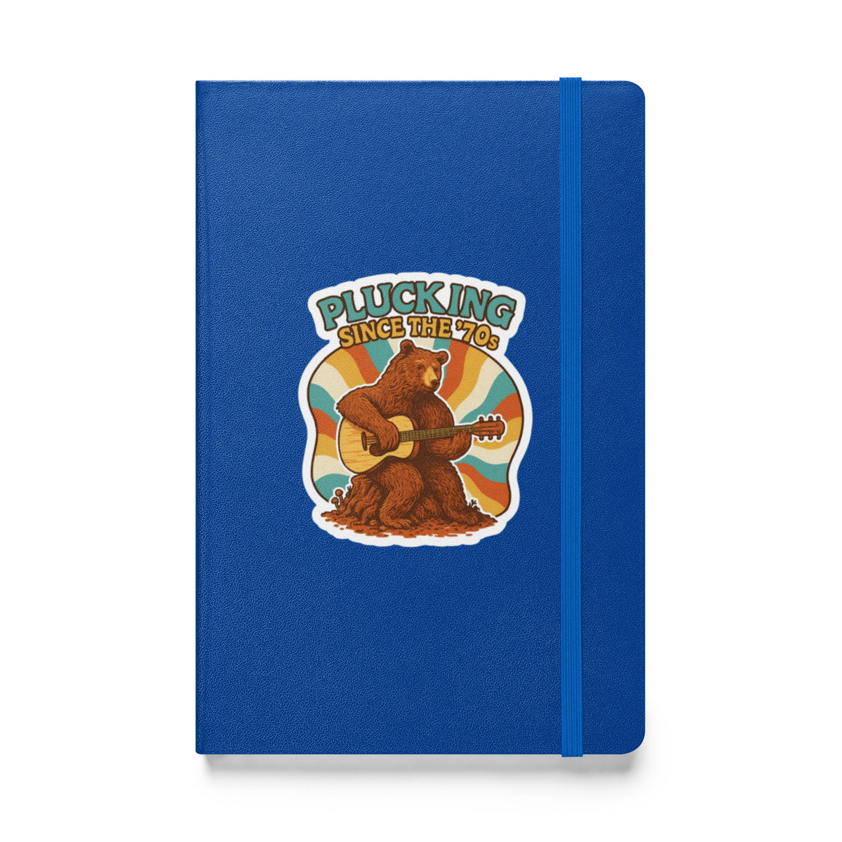 Plucking Since the 70s Retro Bear Guitar Hardcover Notebook - Blue front cover mockup
