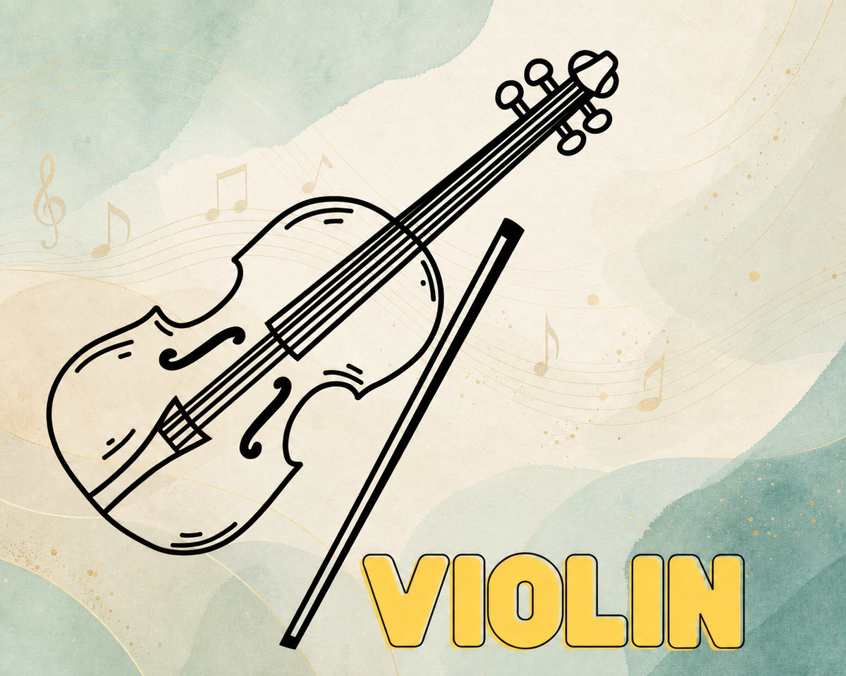 Violin lessons artwork with yellow Muso Studio heading