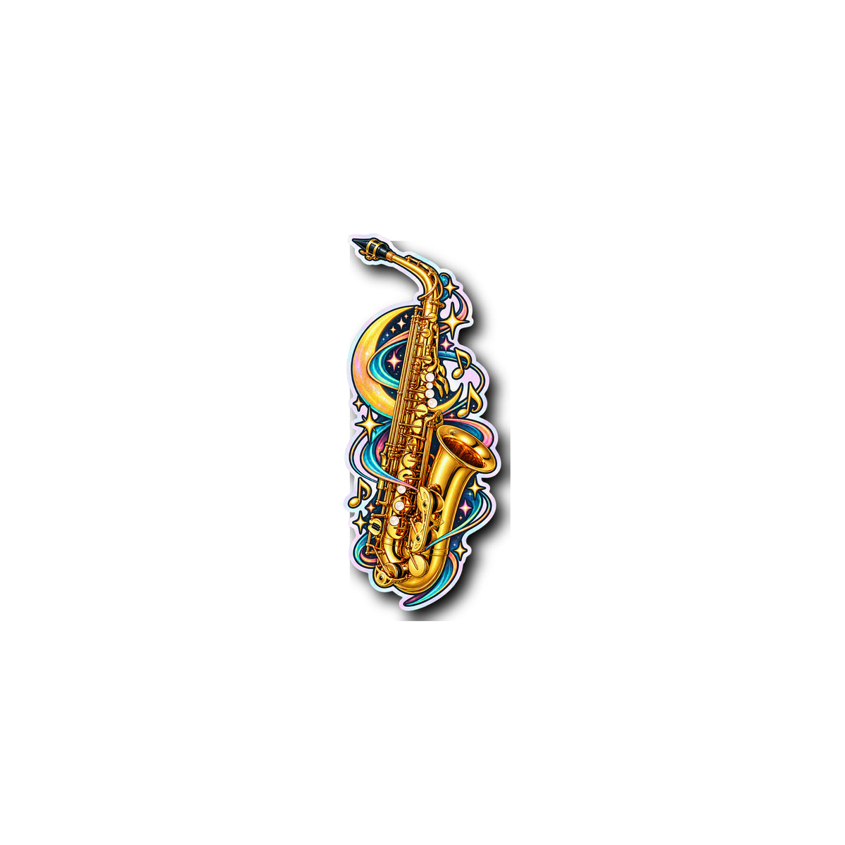 Neon Sax Moonbeam Holographic Sticker 3x3 on plain white background
