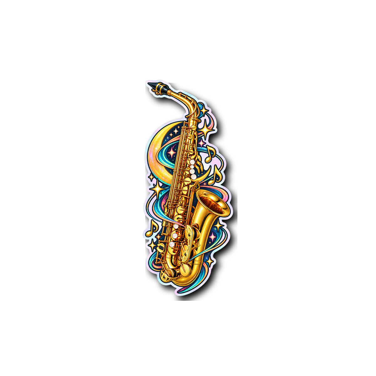 Neon Sax Moonbeam Holographic Sticker 4x4 on plain white background