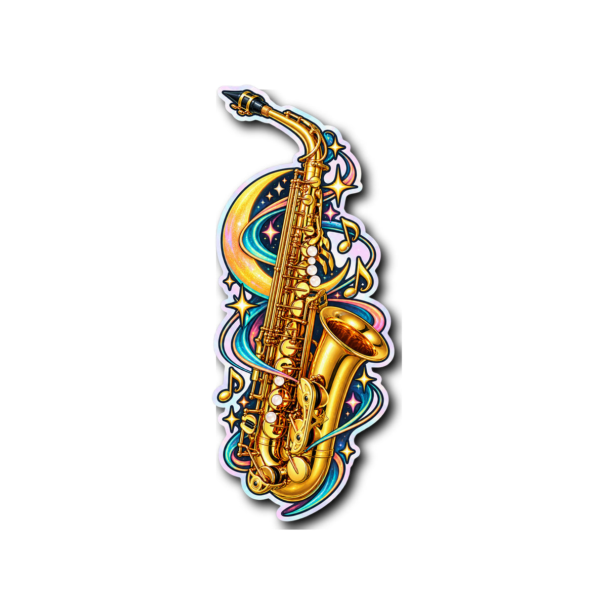 Neon Sax Moonbeam Holographic Sticker on plain white background