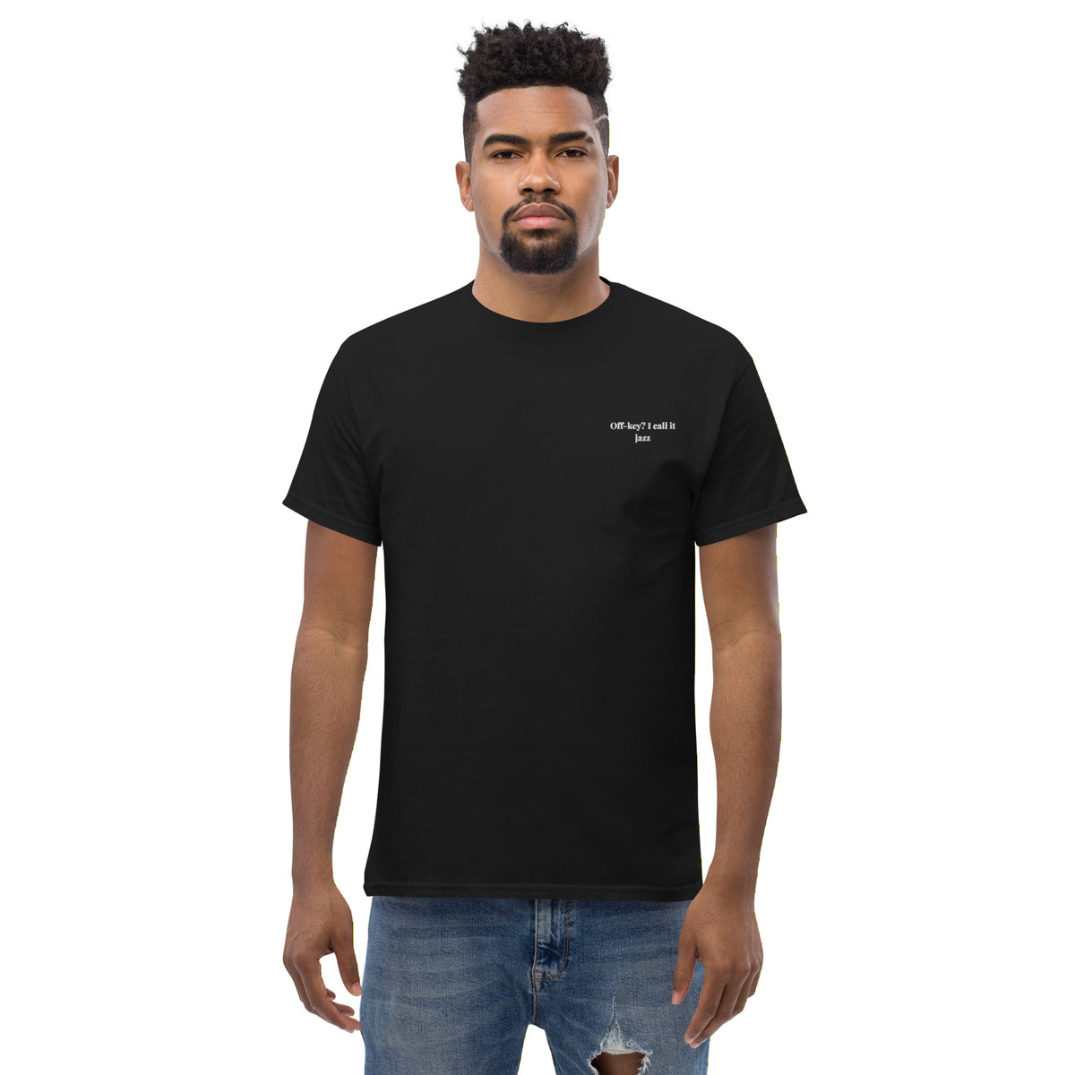 Off Key? I Call It Jazz Music Tee men's model black front