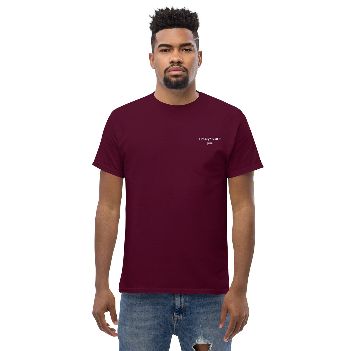 Off Key? I Call It Jazz Music Tee men's model maroon front