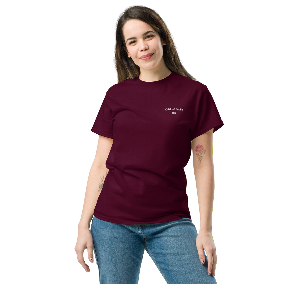 Off Key? I Call It Jazz Music Tee women's model maroon front