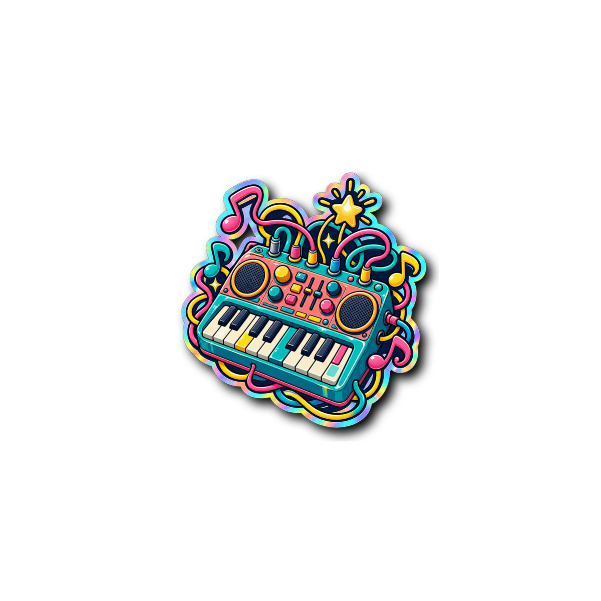 Pocket Synth Serenade Holographic Sticker 3x3 on plain white background