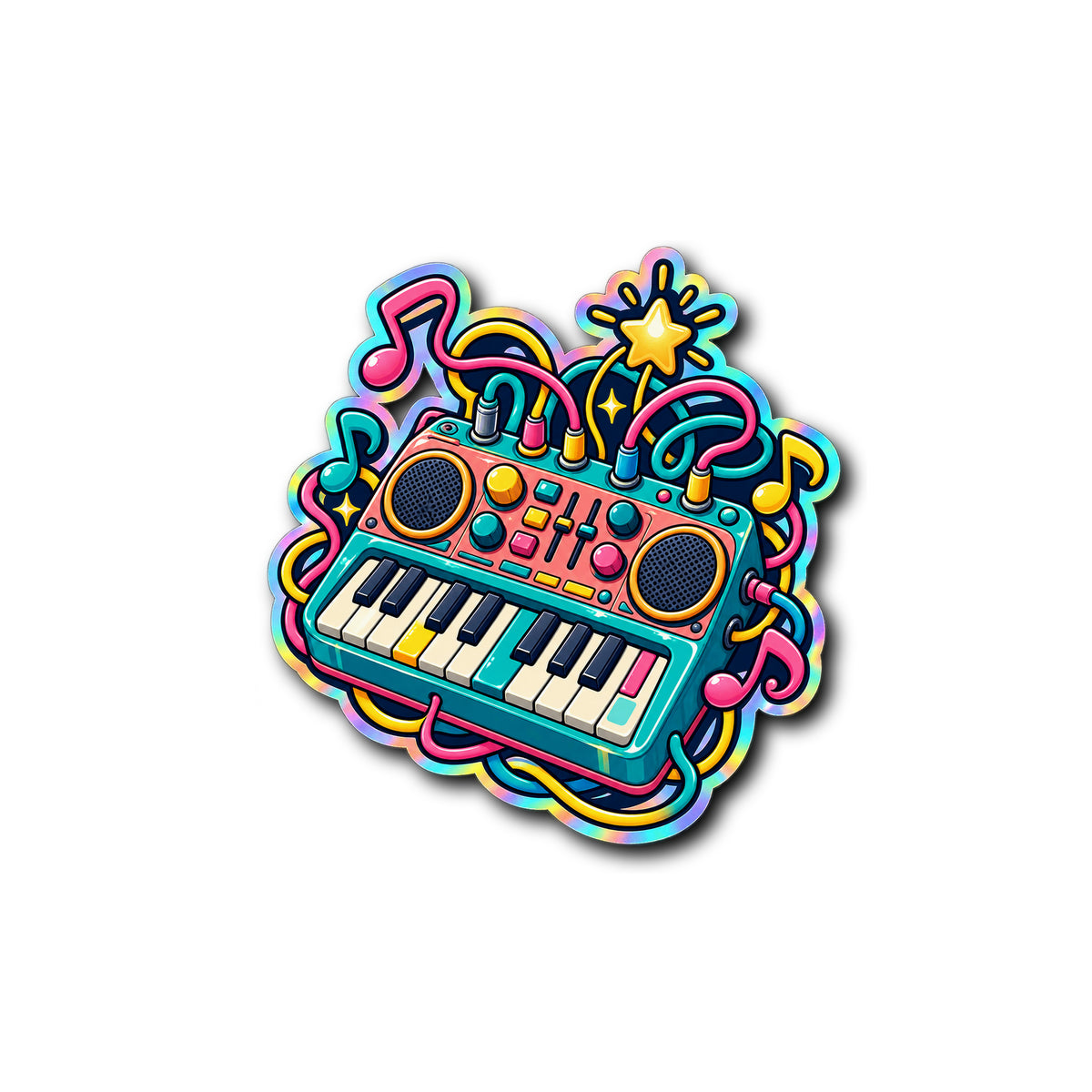 Pocket Synth Serenade Holographic Sticker 4x4 on plain white background