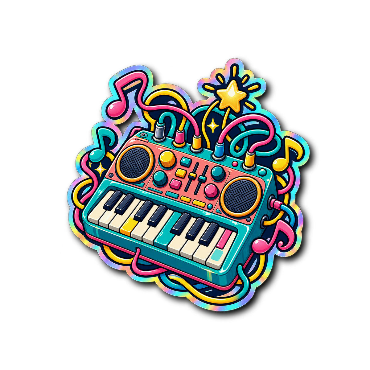 Pocket Synth Serenade Holographic Sticker on plain white background