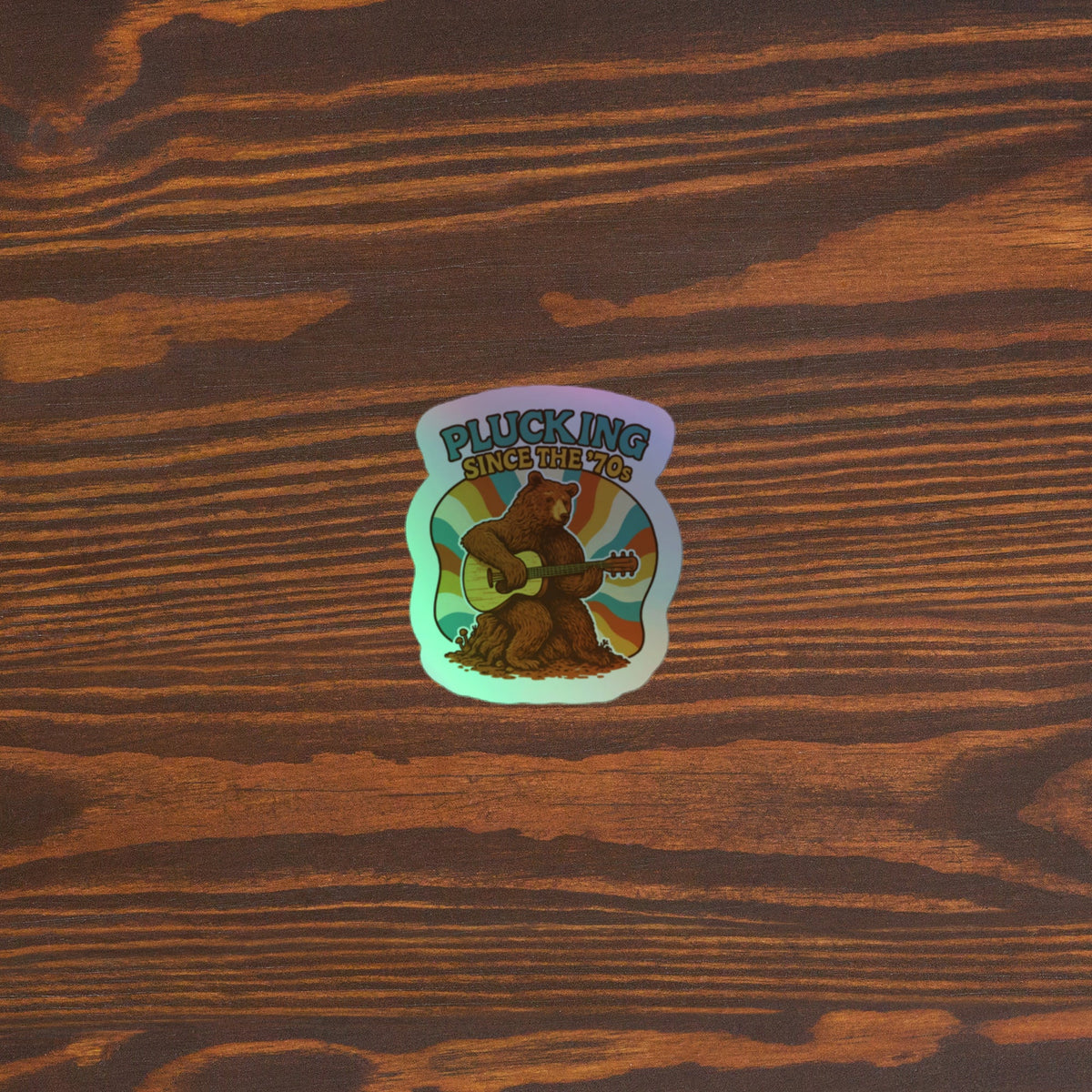 Retro Bear Guitar Holographic Sticker 4x4 original mockup