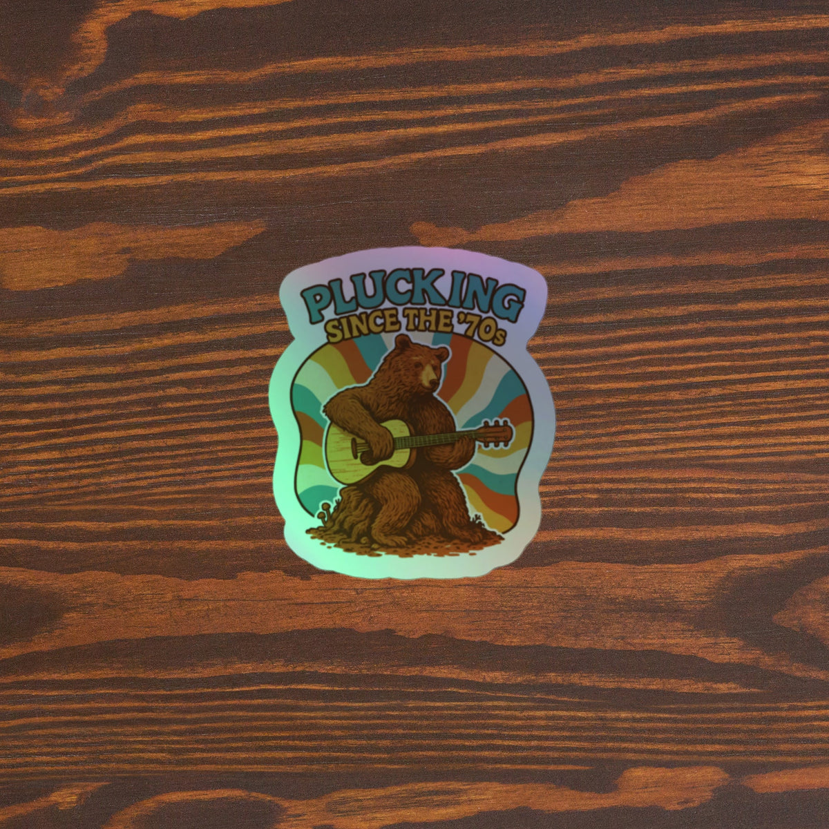 Retro Bear Guitar Holographic Sticker 5.5x5.5 original mockup