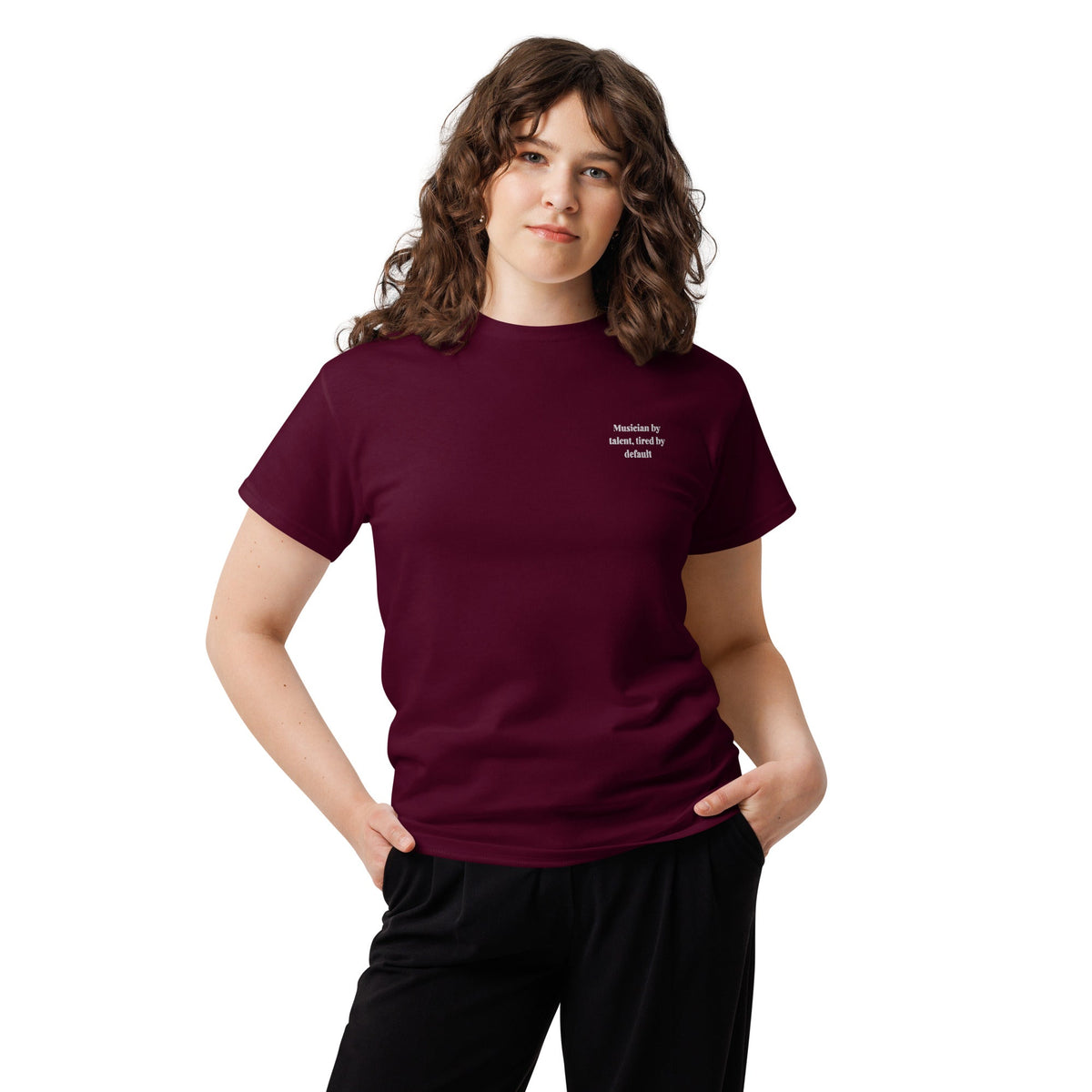 Musician by Talent, Tired by Default Tee maroon female model mockup